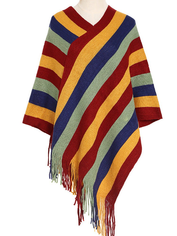 Striped Knit Tassel Trim Asymmetric Hem Poncho