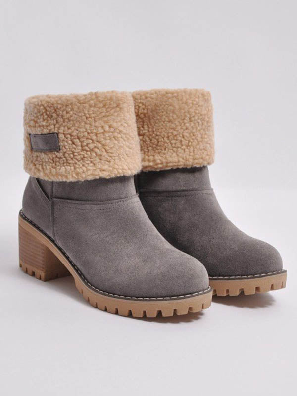 Fur Lined Fold Over Cuff Block Heel Ankle Snow Boots
