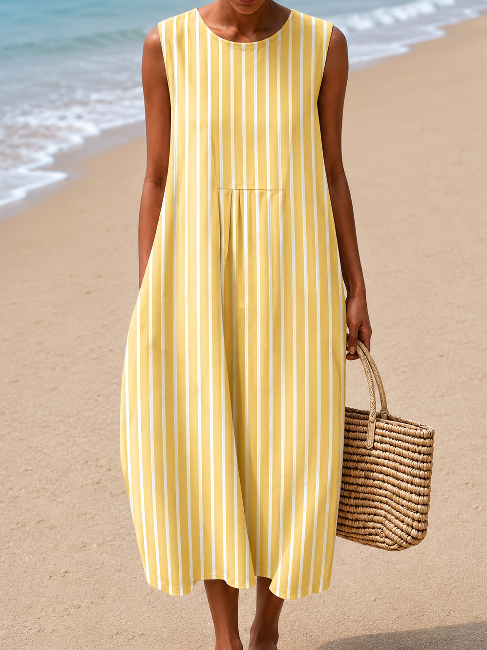 Round Neck Sleeveless Striped Pleated Pocket Shift Midi Dress