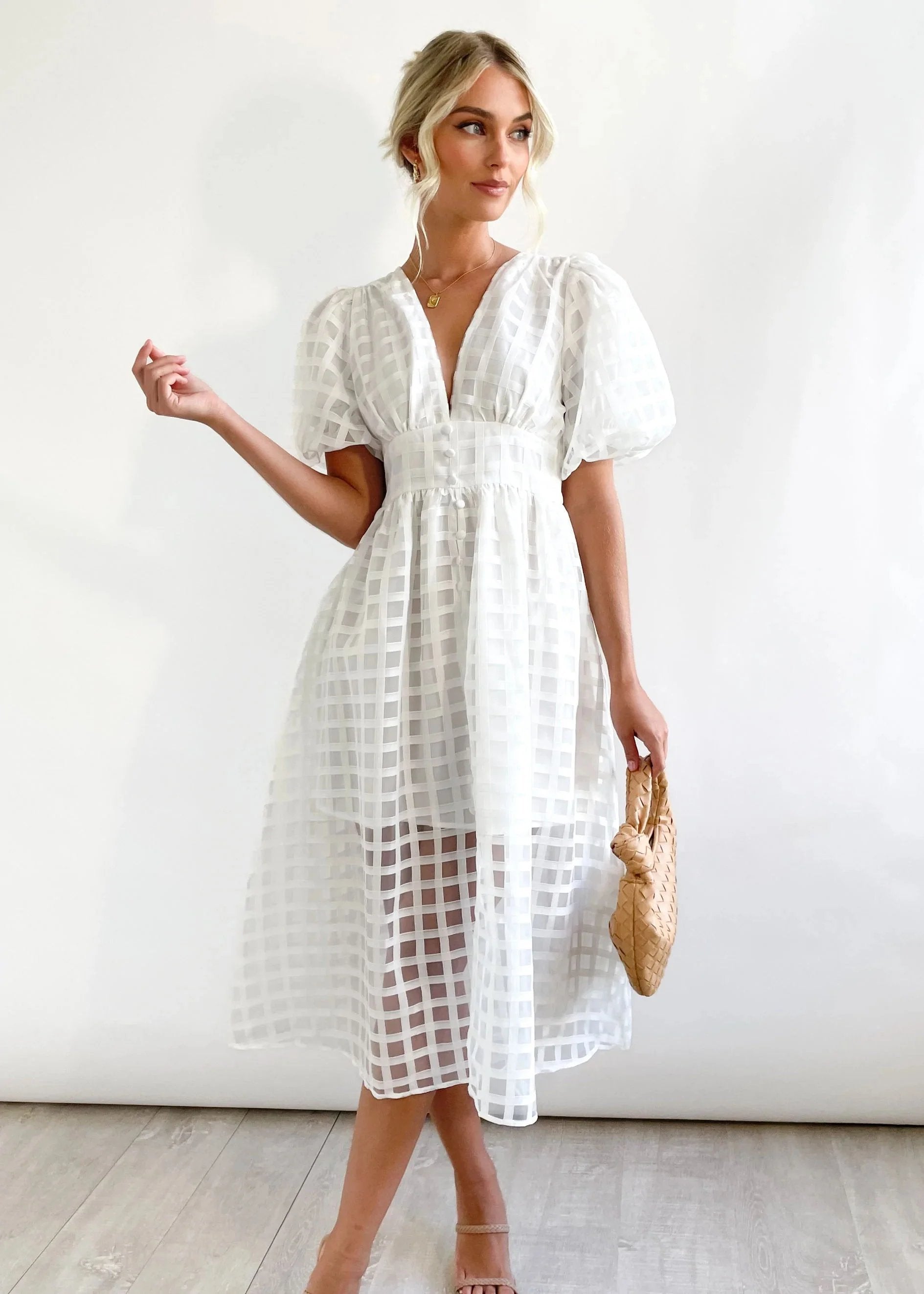 Beautiful square pattern fabric puff sleeve midi