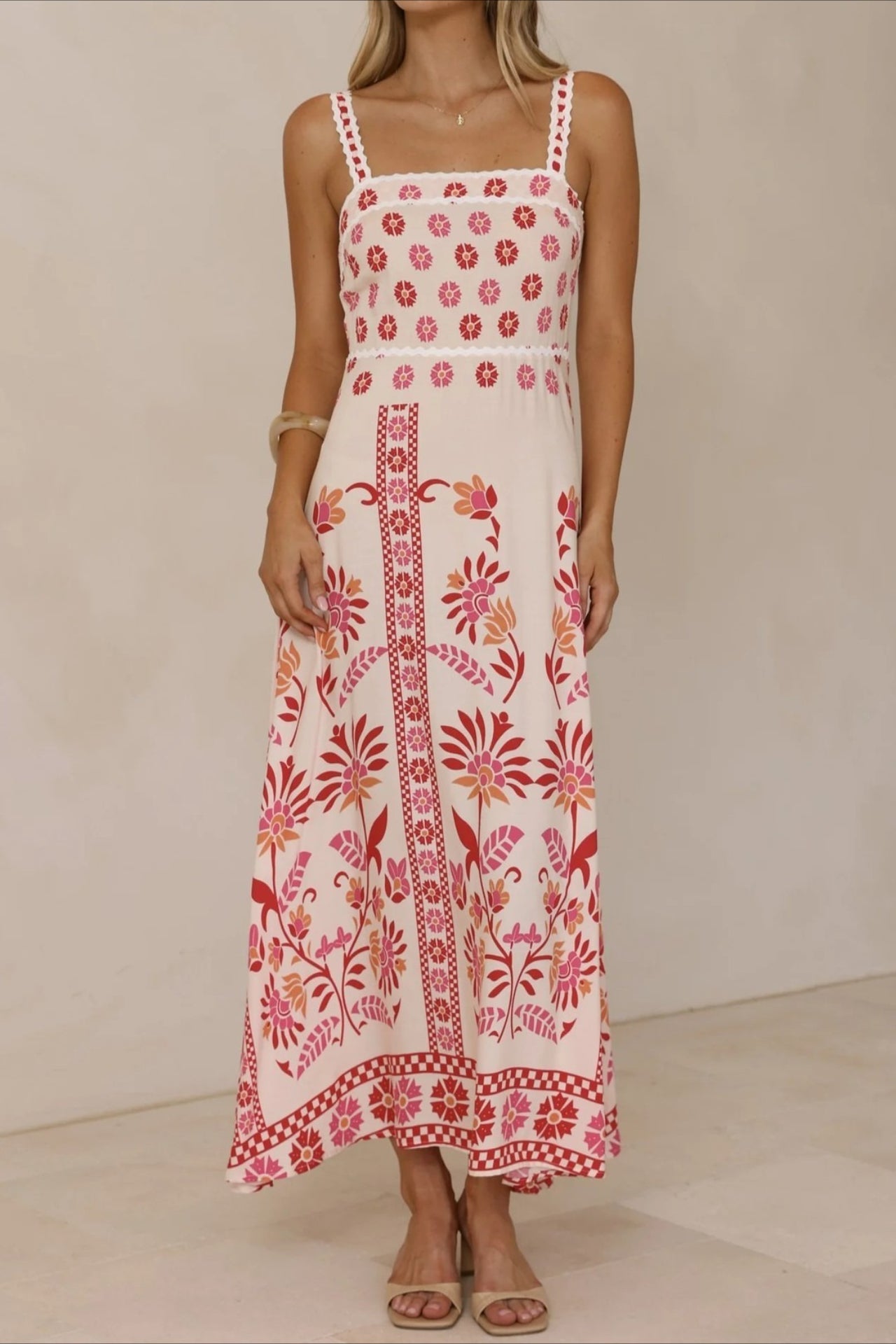 Square Neck Lace Trim Empire Waist Geometric Floral Border Maxi Dress 5