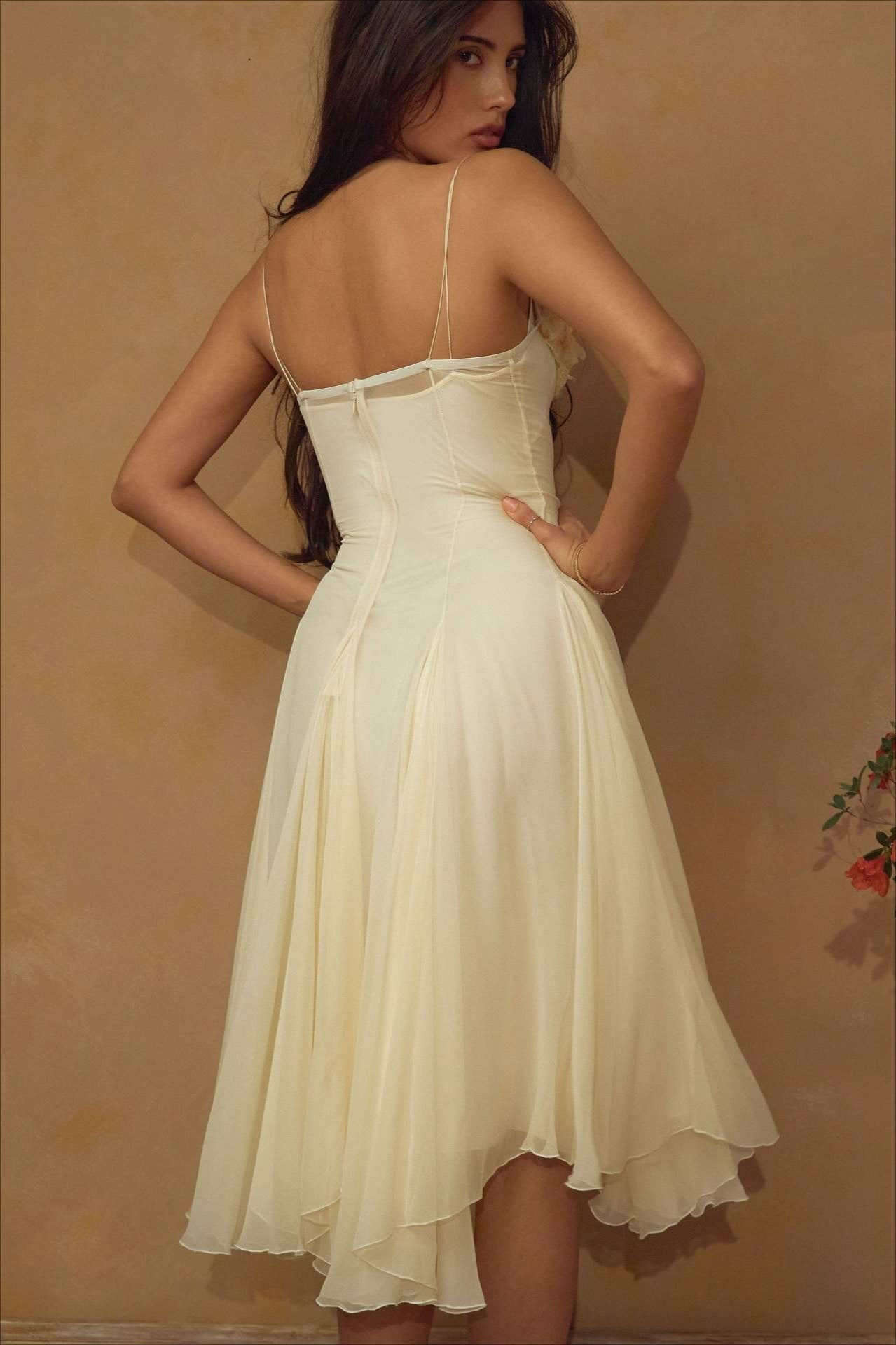 Deep V 3D Floral Sheer Midi Party Dress