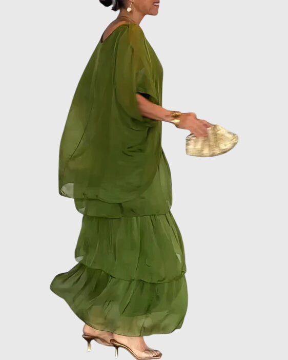 Round Neck Chiffon Batwing Sleeve Layered Tiered Flowy Maxi Dress