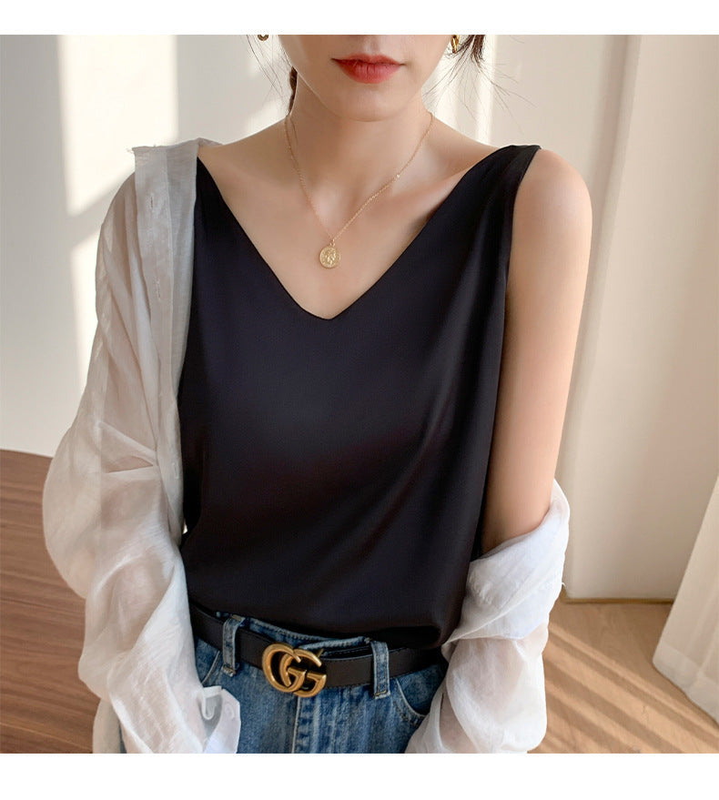 Black V-Neck Vest Bottomed Top Pure Cotton