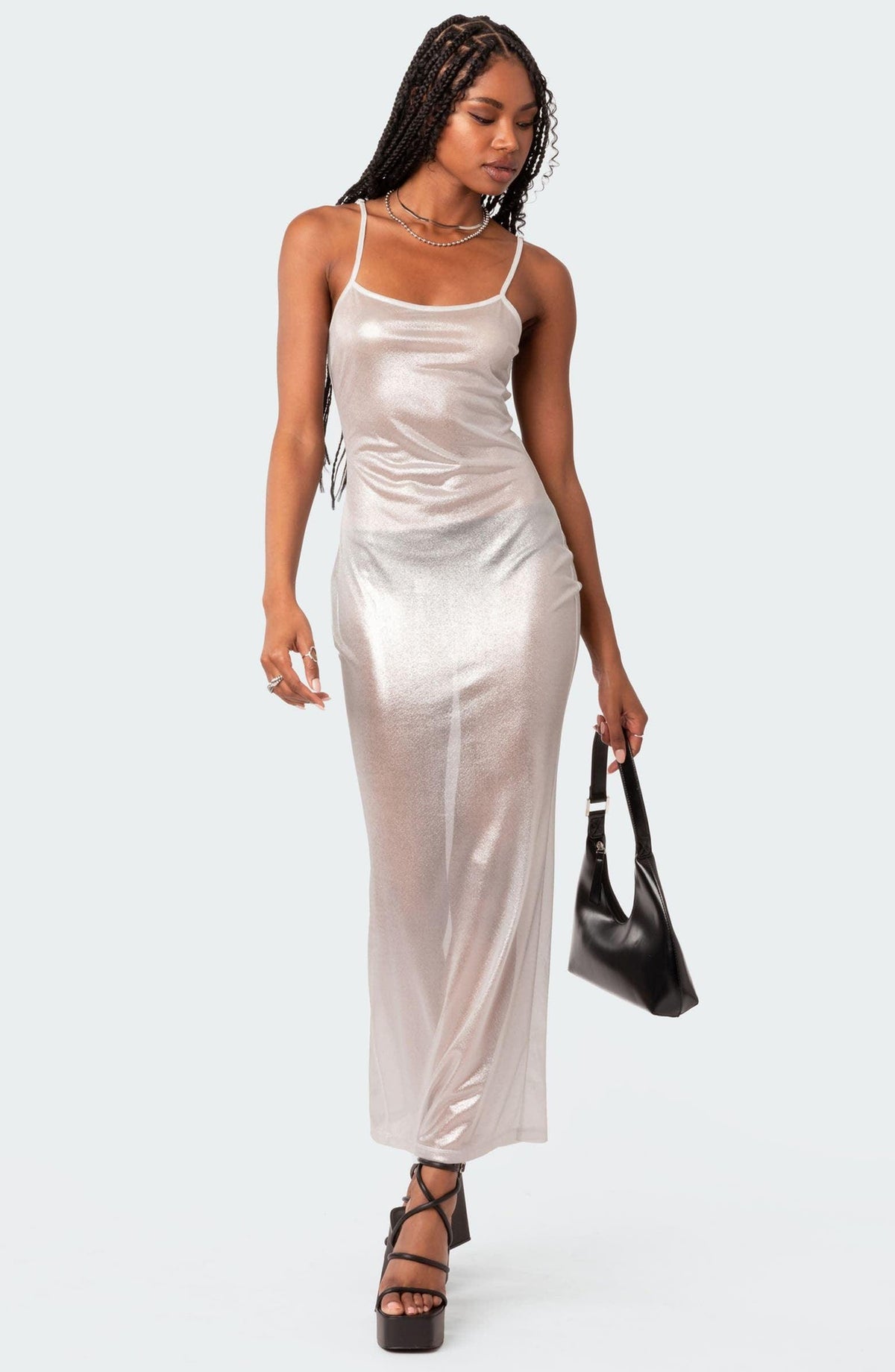 Silver Spaghetti Strap Sheer Metallic Mesh Bodycon Maxi Dress 11