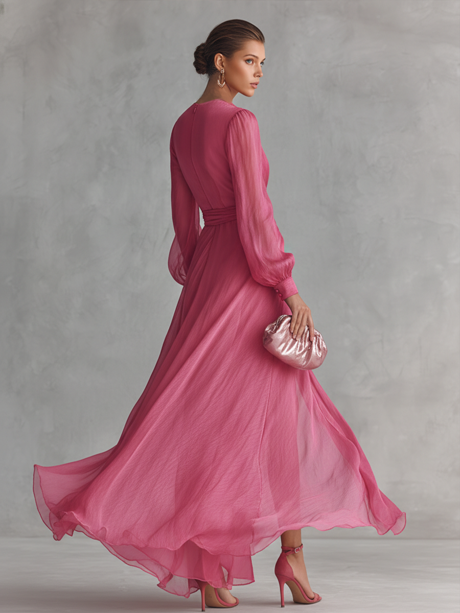 Pink Deep V-Neck Long Sleeve Chiffon Wrap High Slit Maxi Gown 2