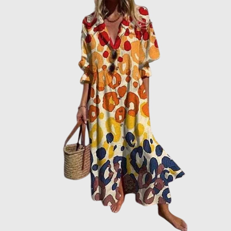 V-Neck Floral Print Long Sleeve Tiered Bohemian Maxi Dress