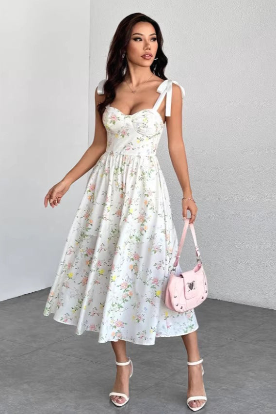 Spaghetti Strap Long Fitted Slim Floral Dress