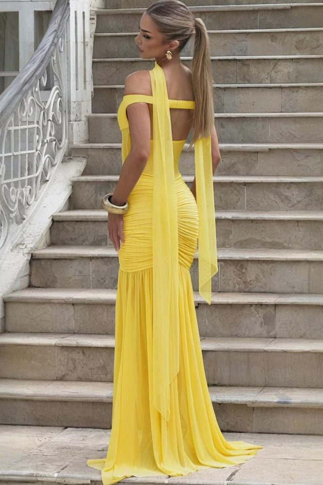 Strapless Backless Mesh Ruched Slit Party Dress