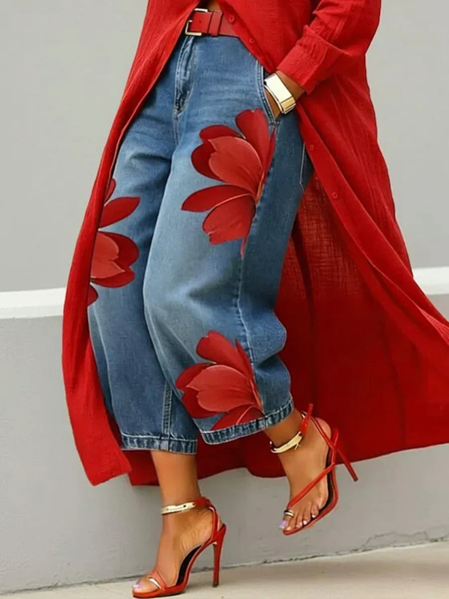 Collared Button Front Longline Shirt and Floral Jeans Set 6