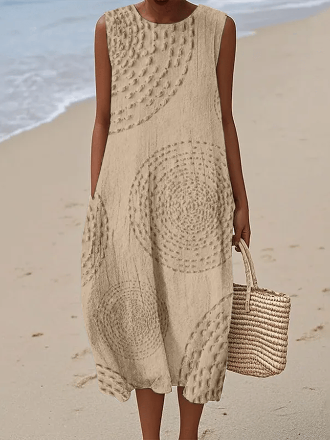 Round Neck Sleeveless Textured Circle Print Cocoon Midi Dress 5