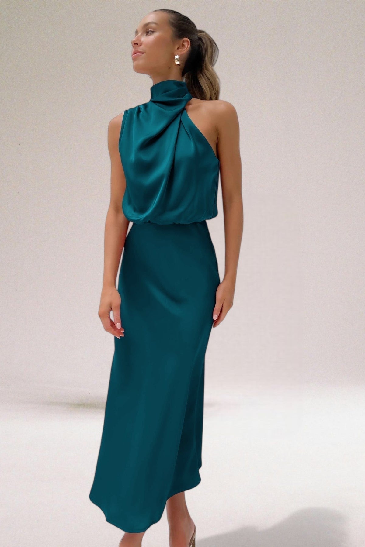 High Neck Satin Draped Cowl Sleeveless Column Maxi Dress 2