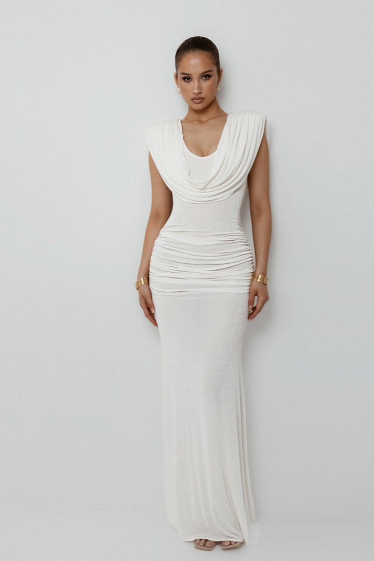 Solid Cowl Neck Ruched Waist Cinch Party Dress