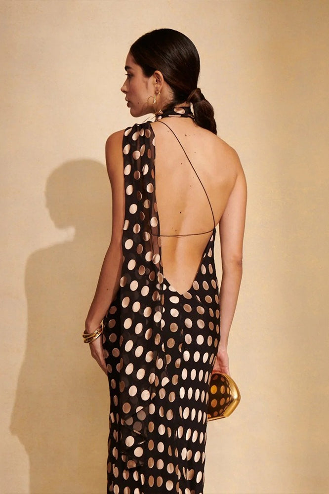 Black Polka Dot Backless Halter Maxi Dress 4