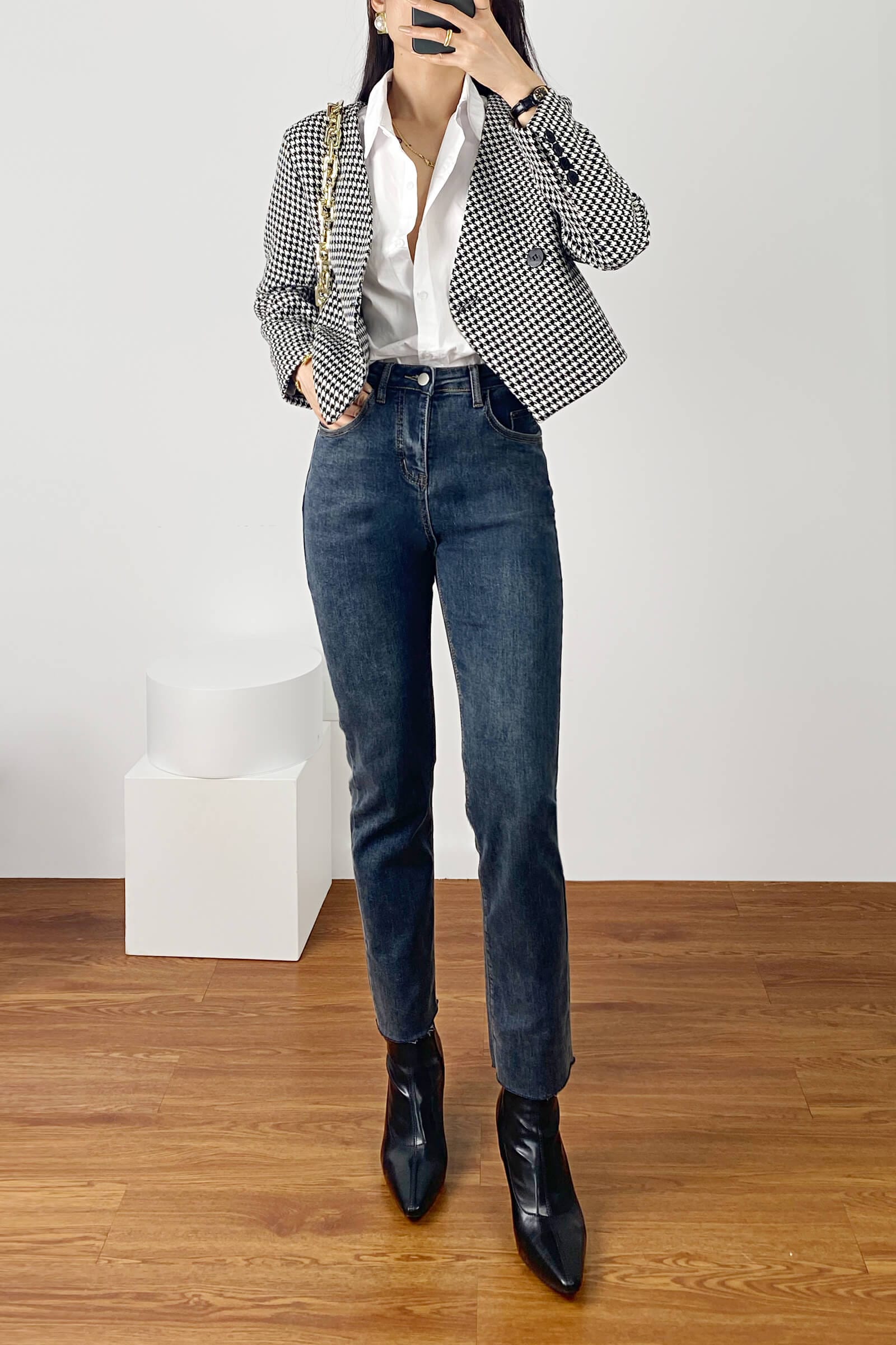 Black Houndstooth V-Neck Double-Breasted Jacket