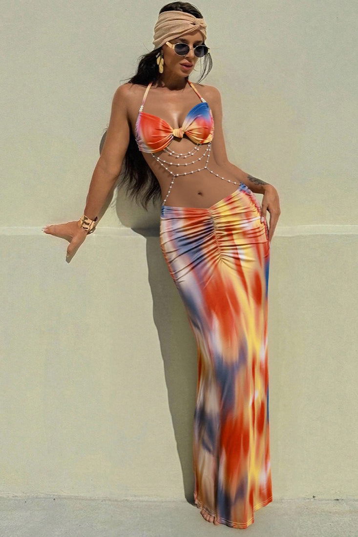Halter Bow Front Ruched Waist Marble Print Maxi Skirt Two Piece Set 8