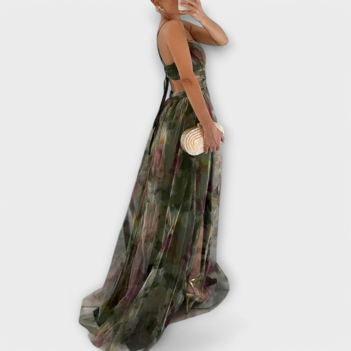 Spaghetti Strap V-Neck Watercolor Floral Tulle High Slit Maxi Gown 6