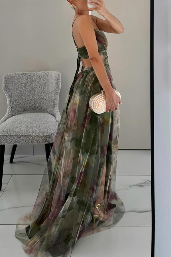 Spaghetti Strap V-Neck Floral Tulle Ruched Waist A-Line Maxi Dress