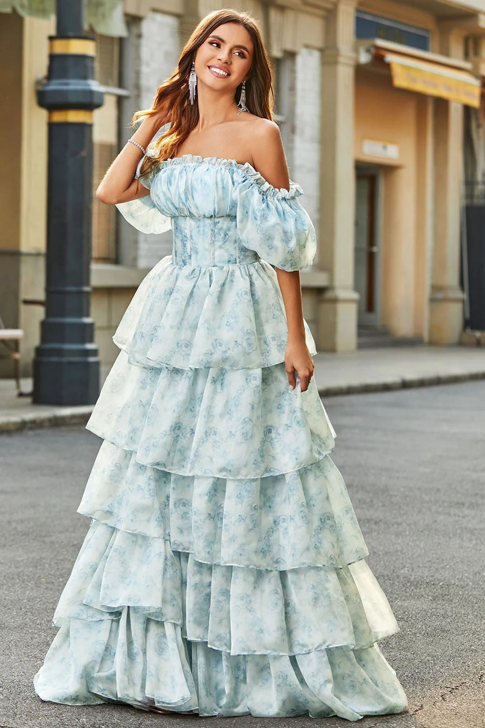 Blue Off Shoulder Ruffle Corset Bodice Tiered Ruffle Floral Print Maxi Dress 6