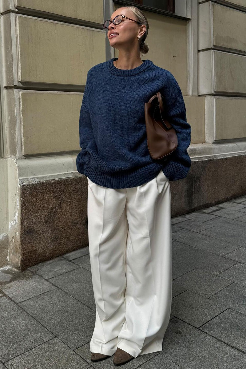 Classic Solid Crew Neck Relaxed Knit Sweater