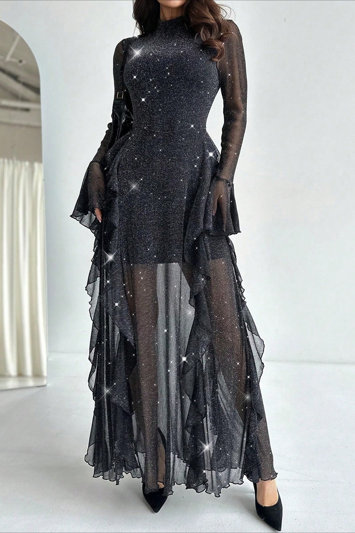Black Ruffled Mermaid Maxi Dress 5
