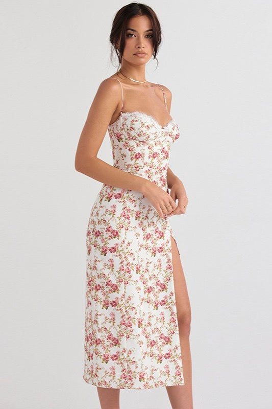 Spaghetti Strap Sweetheart Lace Trim Corset Bodice High Slit Midi Dress 4