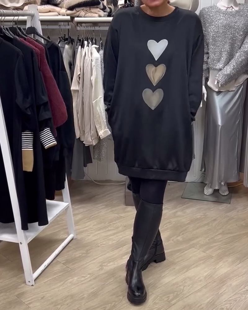 Black Round Neck Heart Print Long Sleeve Sweatshirt Mini Dress