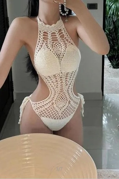 Solid Knit Cutout Sexy Backless One Piece Swimwear