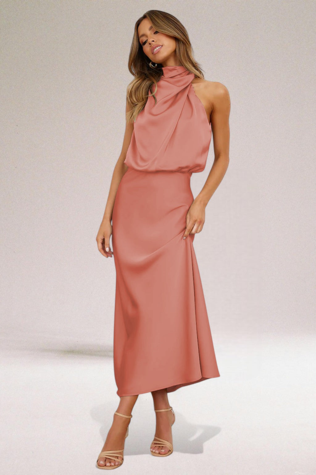 High Neck Satin Draped Cowl Sleeveless Column Maxi Dress 3