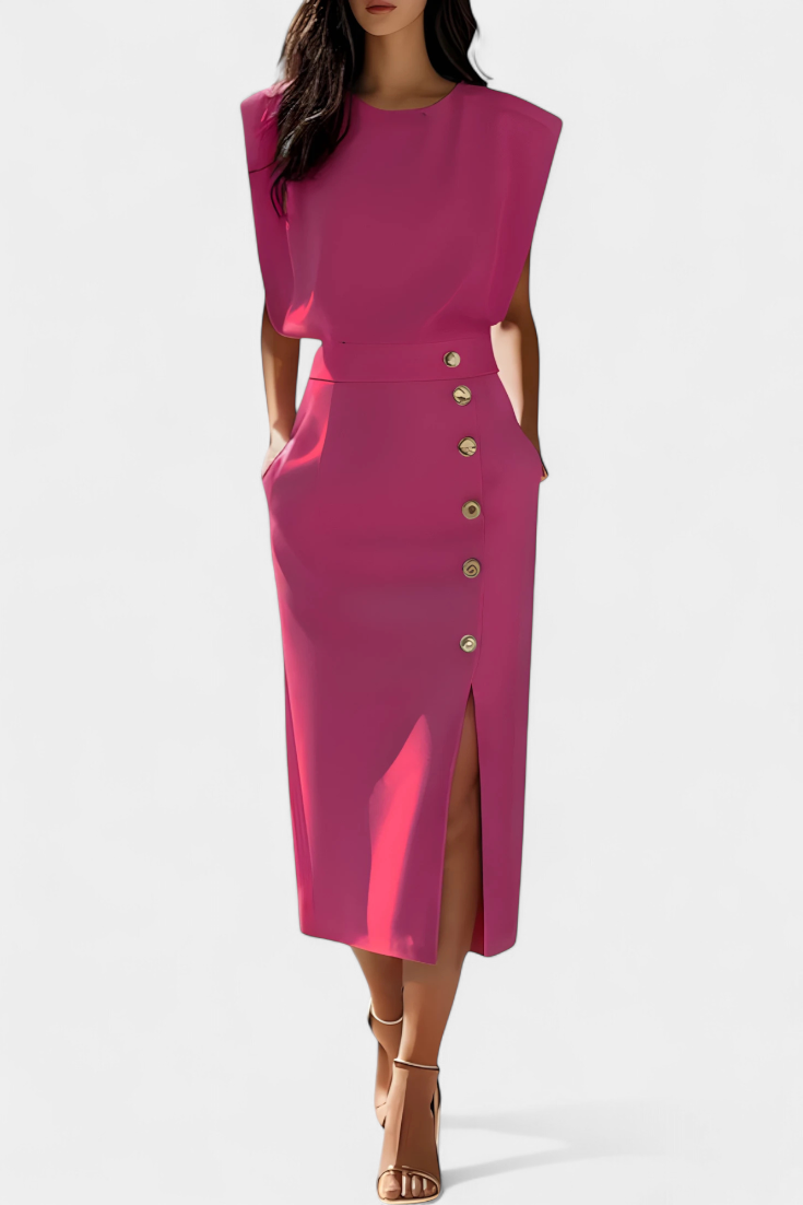 Round Neck Sleeveless Top Button Front Slit Midi Skirt Set 3
