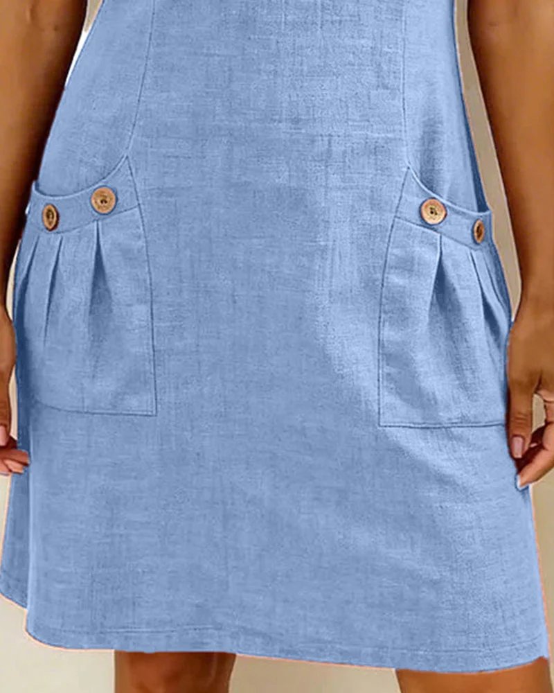 Round Neck Zip Front Short Sleeve Button Pocket A-Line Mini Dress