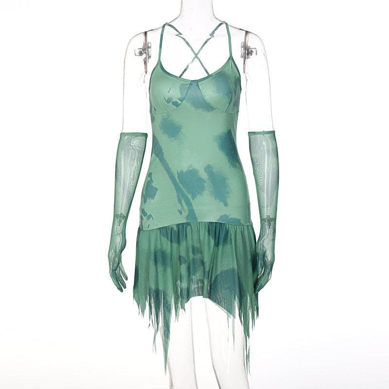 Cross open back ruffled gloves dress