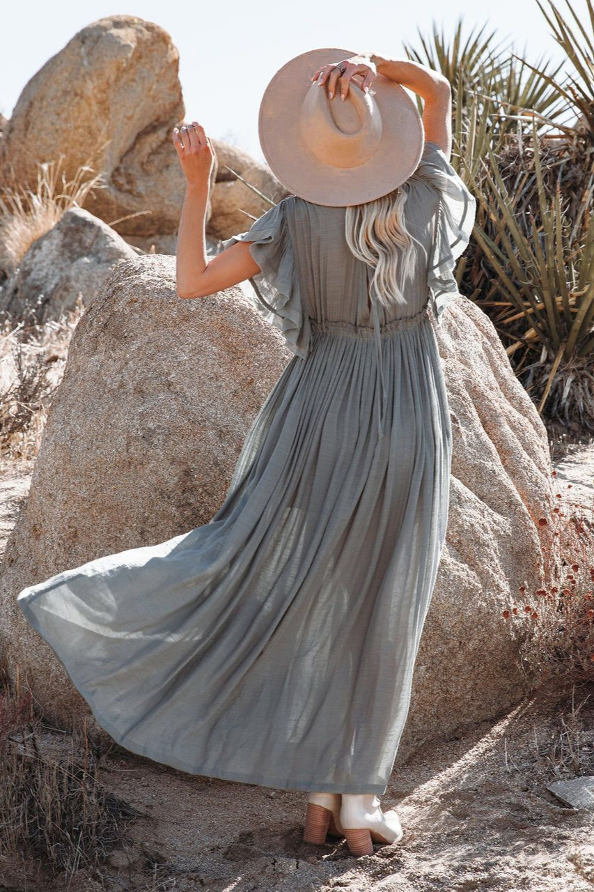 Deep V Neck Ruffle Sleeve Drawstring Waist Button Front Pocket Maxi Dress 19
