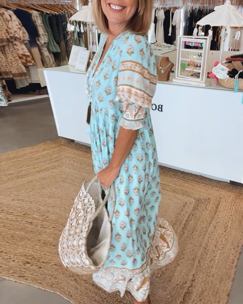 Split V-Neck Boho Border Print Ruffle Sleeve Tiered A-Line Midi Dress