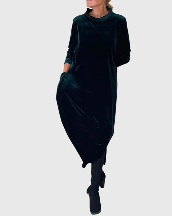 Mock Neck Velvet Long Sleeve Pocket Cocoon Midi Dress