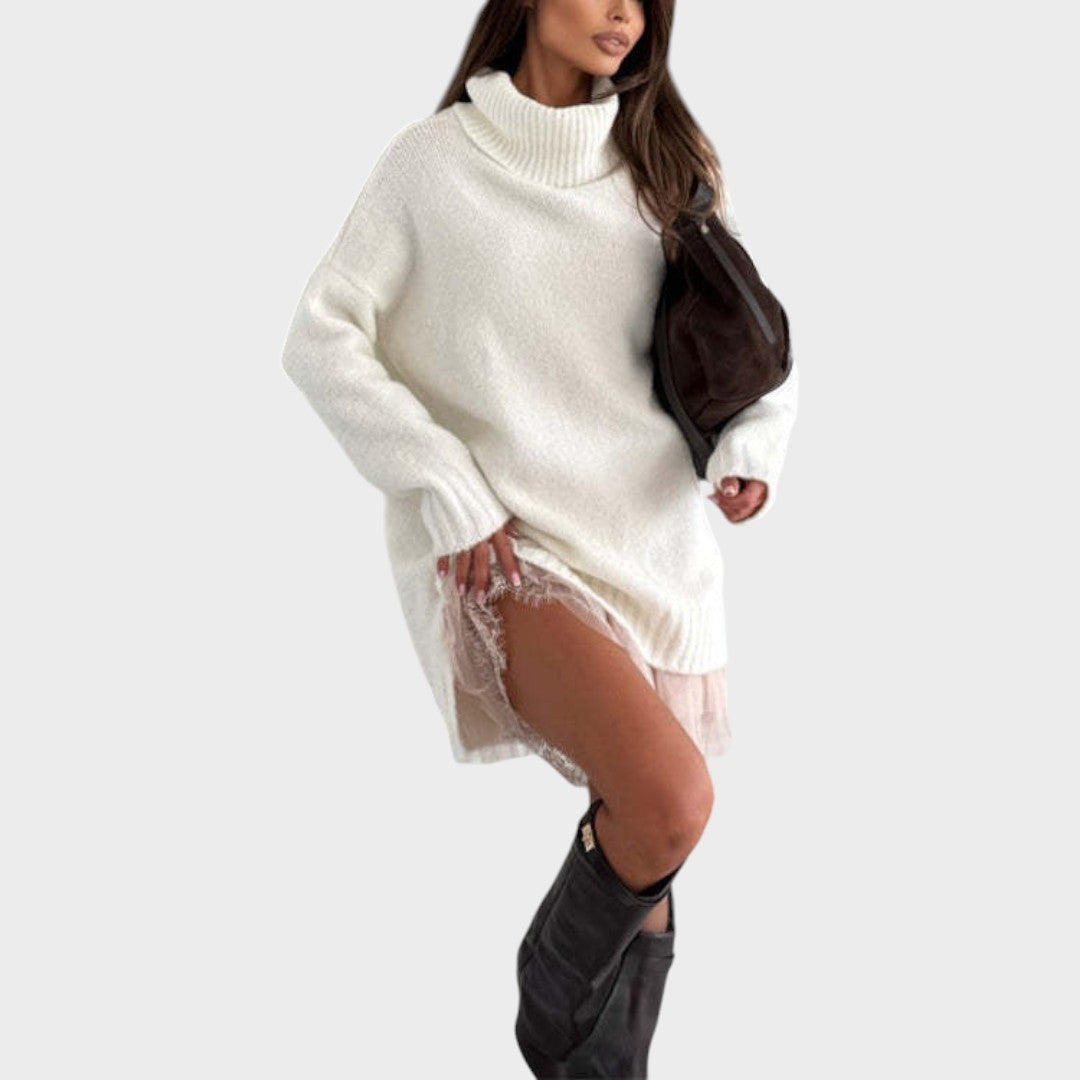 Turtleneck Oversized Knit Sweater Lace Trim Slip Dress Set 12