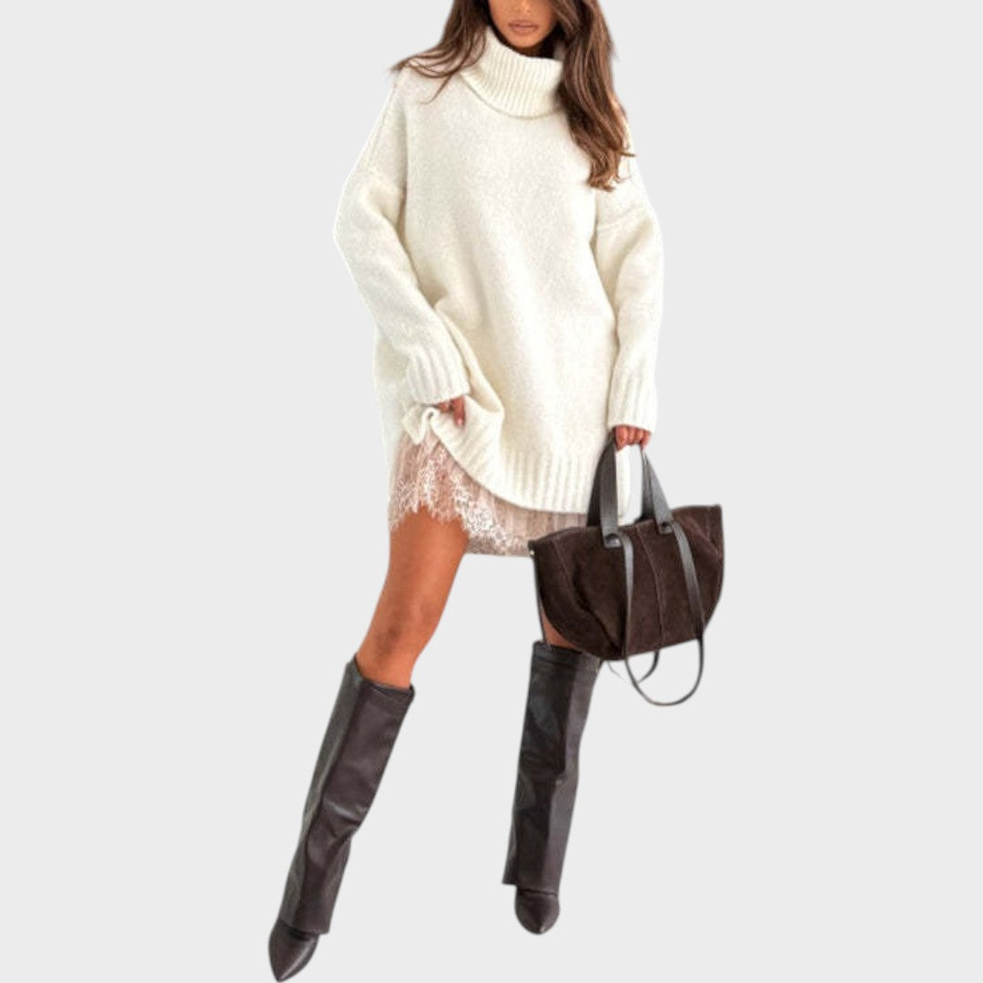 Turtleneck Oversized Knit Sweater Lace Trim Slip Dress Set 13