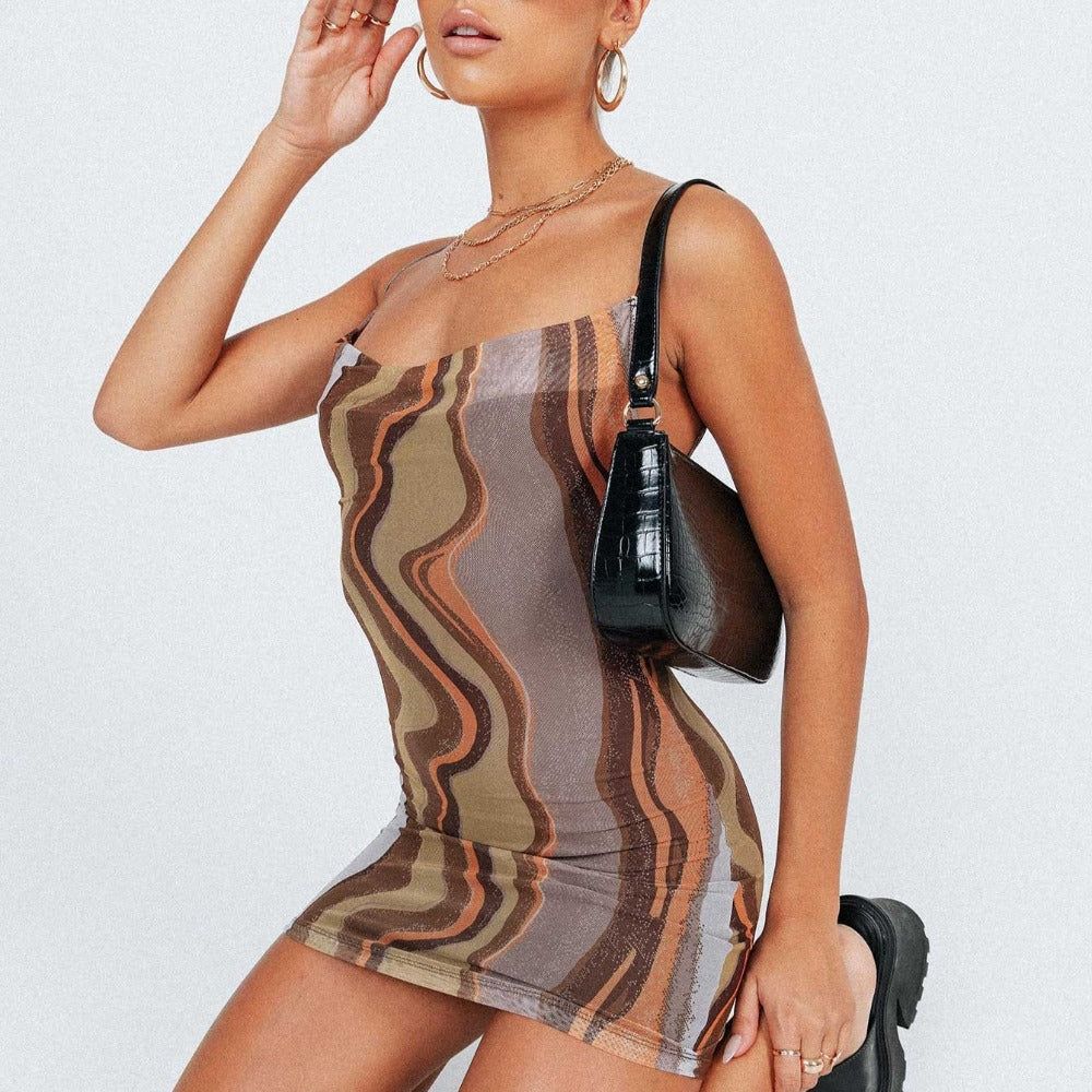 Brown Cowl Neck Spaghetti Strap Abstract Swirl Print Bodycon Mini Dress