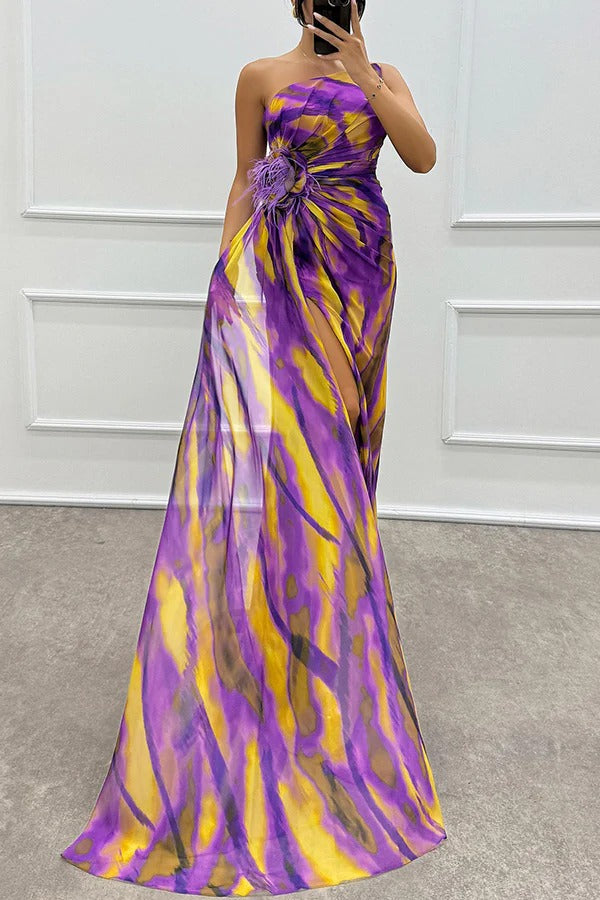 One-Shoulder Feather Trim Printed Ruched High Slit Maxi Gown