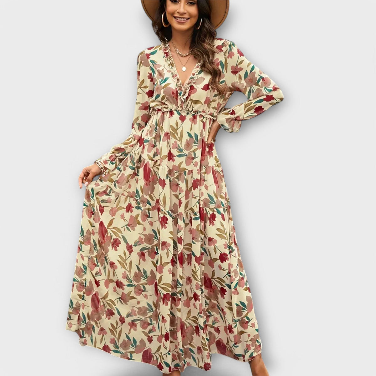 Ruffle V-Neck Floral Chiffon Long Sleeve Tiered Boho Maxi Dress