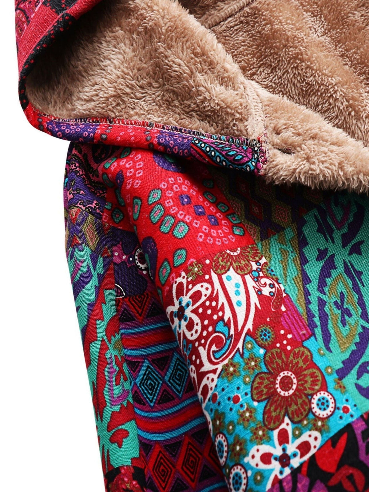 Hooded Ethnic Patchwork Print Fleece-Lined Button Front Longline Coat