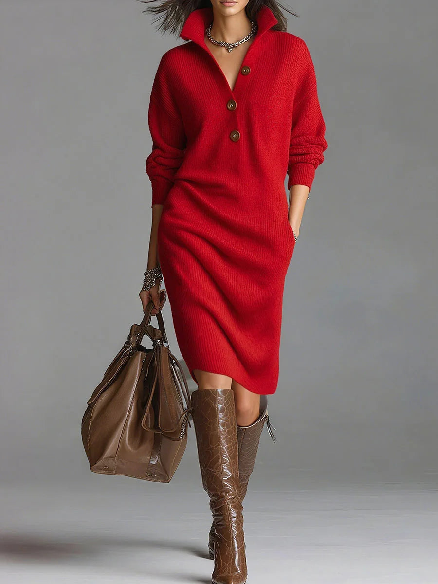 High Neck Button Placket Ribbed Knit Sweater Midi Dress 7