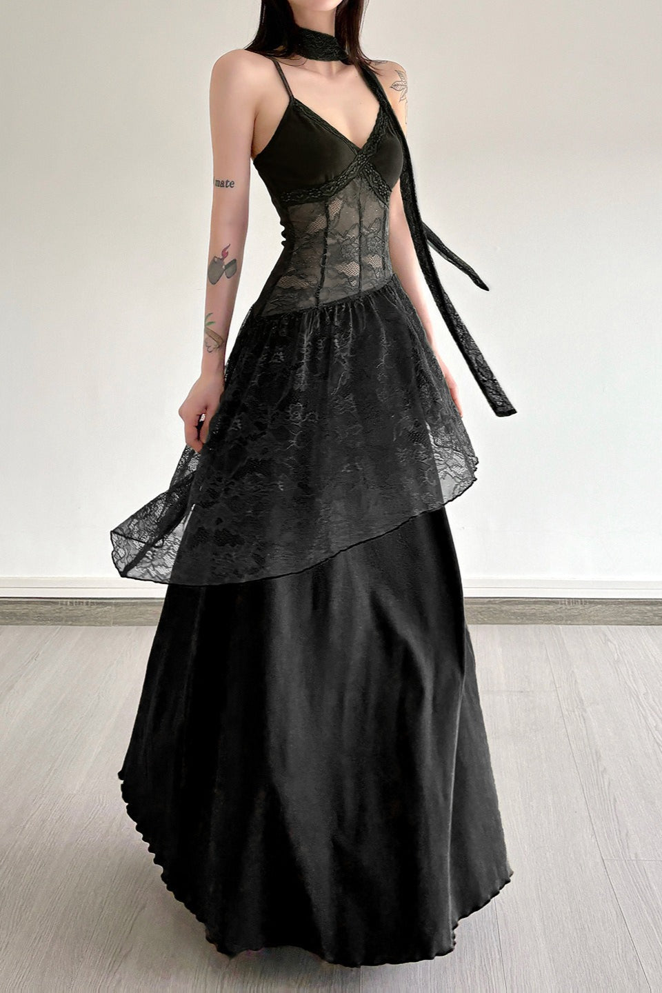 Lace Trim Sheer Waist Tie Cami Maxi Lace Dress