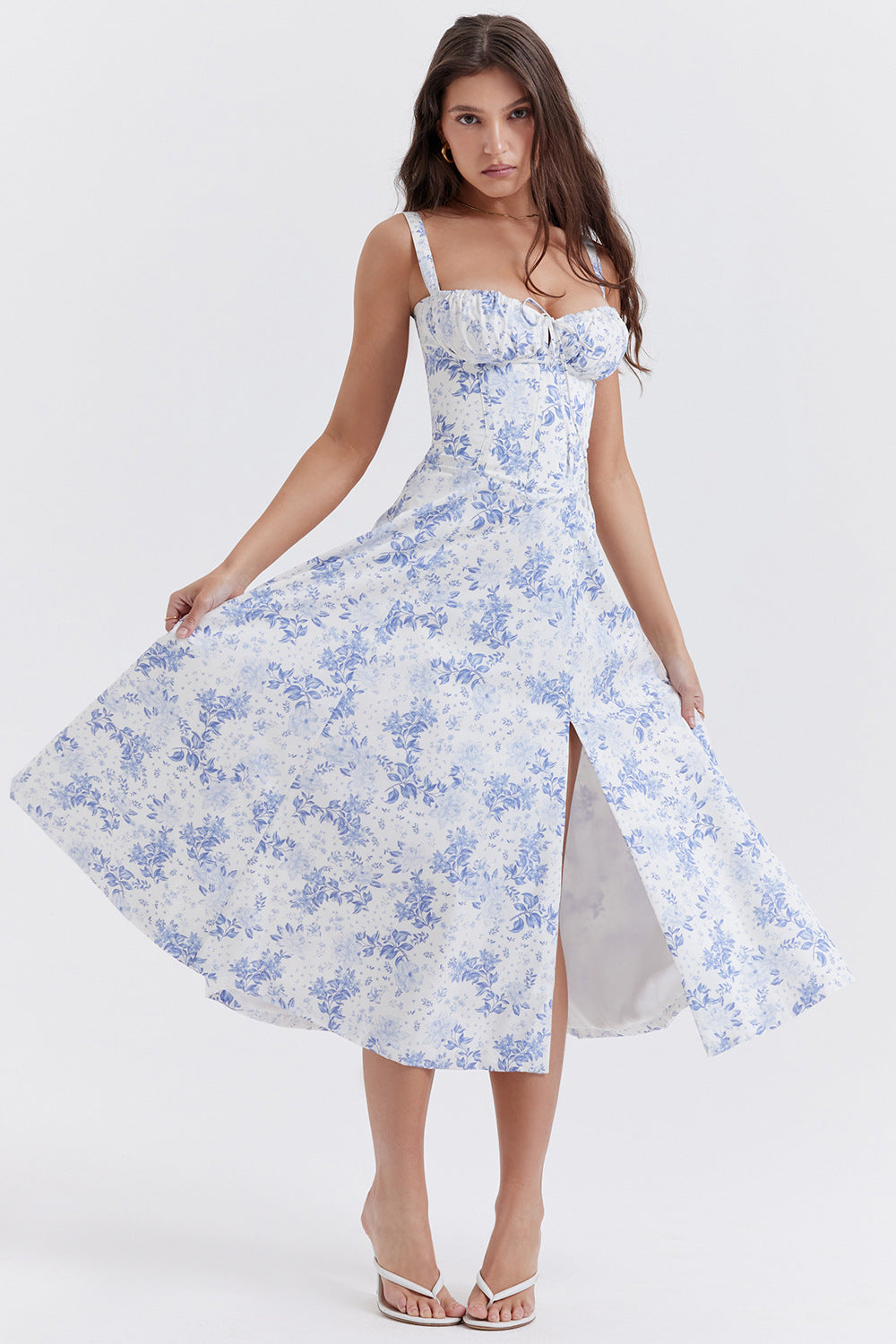 Corset Bodice Ruched Bust Tie-Front Flared Strap Midi Dress 5