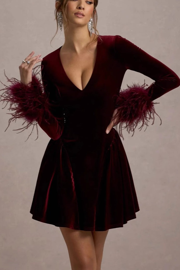 Red Long Sleeve V-Neck Mini Dress