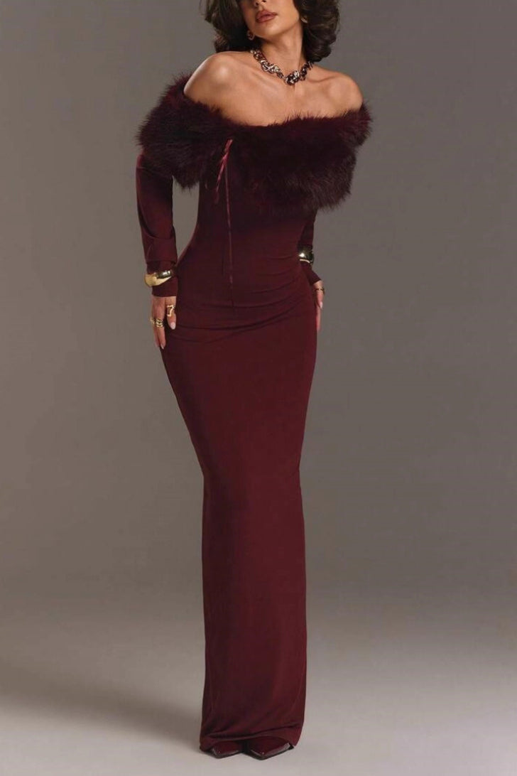 Red Fur Collar Off Shoulder Bodycon Dress 4