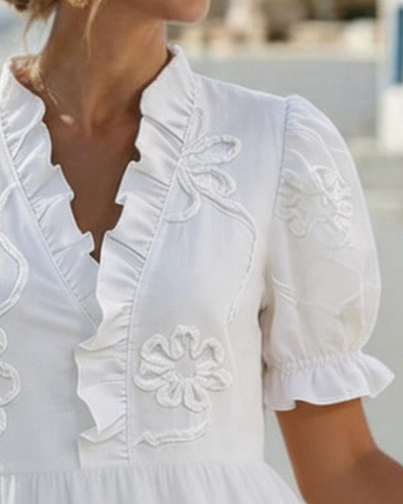 Ruffle V-Neck Floral Applique Puff Sleeve A-Line Mini Dress 3