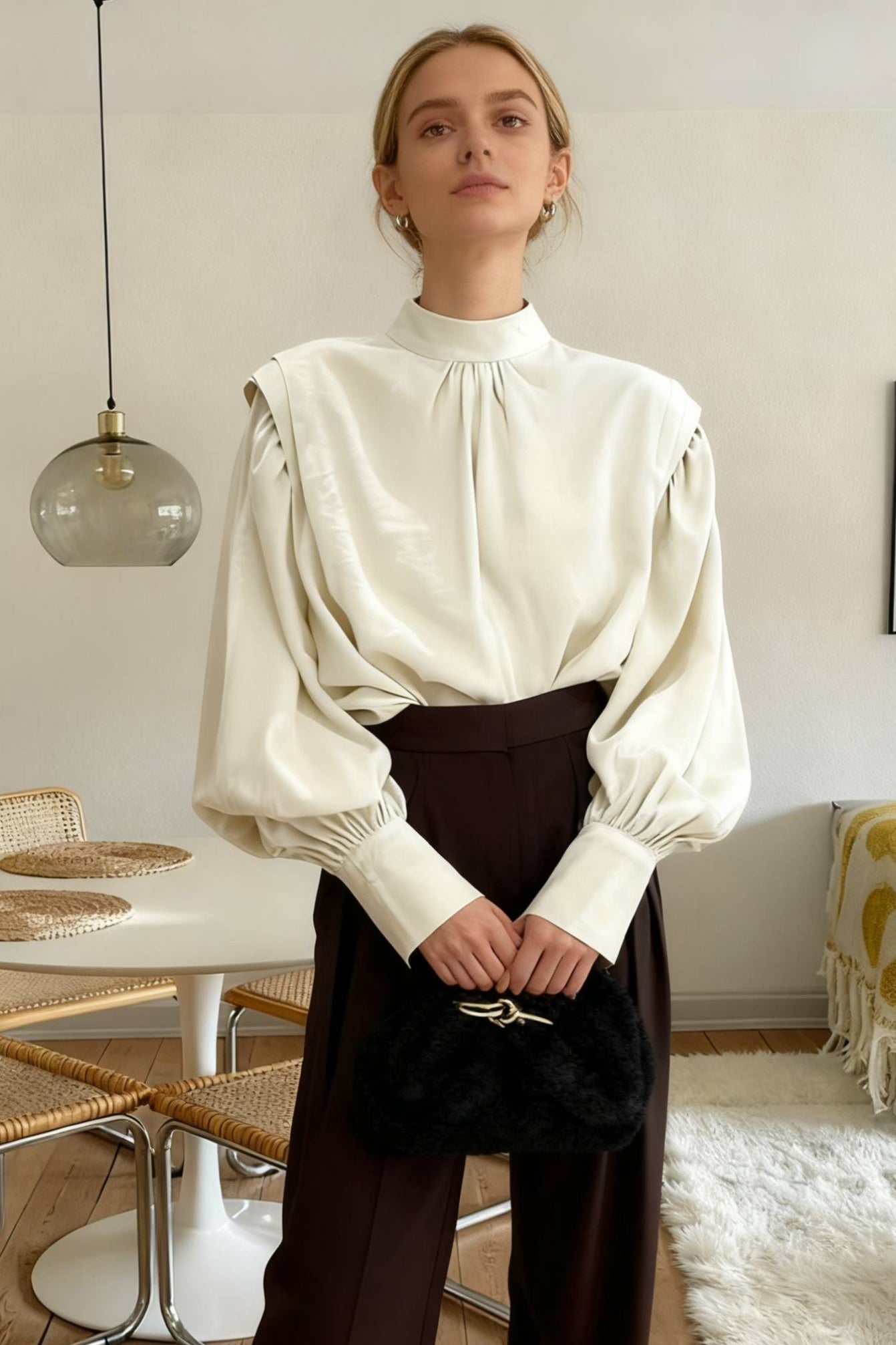 Black Lantern Sleeve ButtonUp Blouse