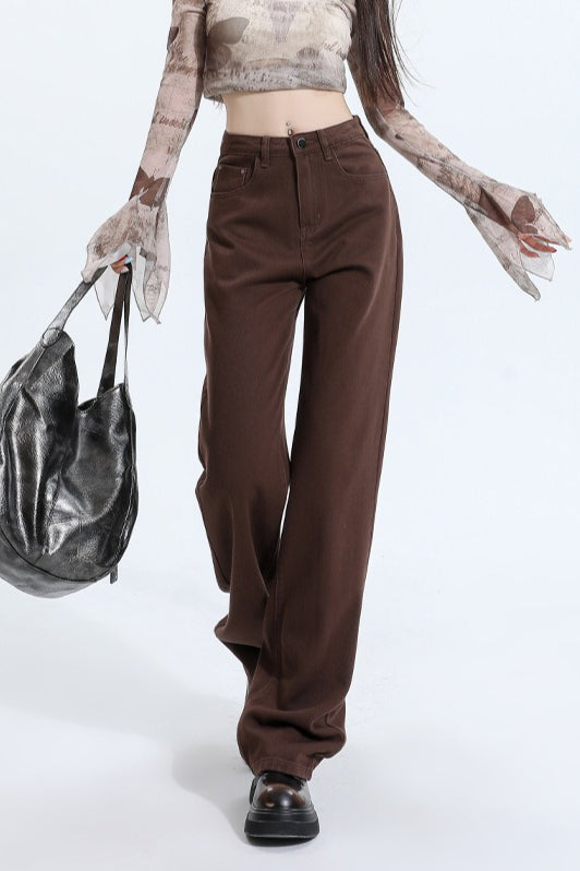 Casual Fleece Lined High Waist Straight Jeans