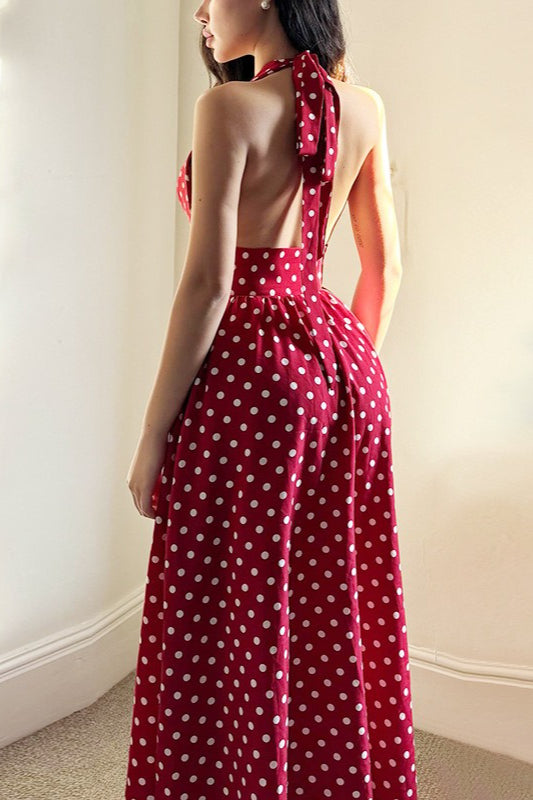 Red Spaghetti Strap V Neck Halter Backless Polka Dot Maxi Dress 4
